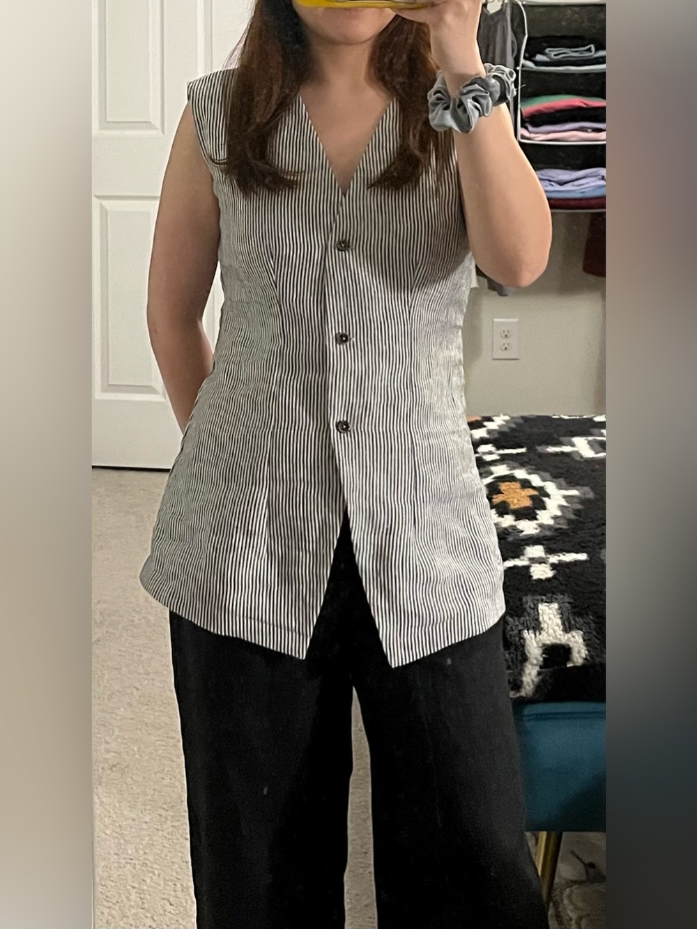 Handmade 100% Linen Vest XS/S Black White Stripe Tailored 2-Way Top Jacket